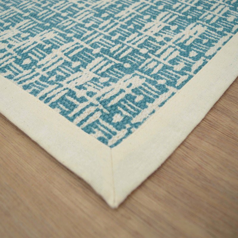 Teal Blue Texture Weave Print Cotton Rug – Handmade in India, 100% Cotton | 2 Sizes