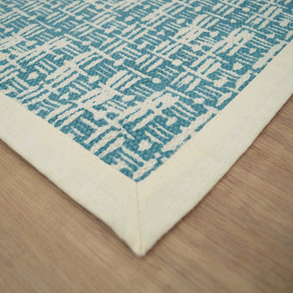 Teal Blue Texture Weave Print Cotton Rug – Handmade in India, 100% Cotton | 2 Sizes