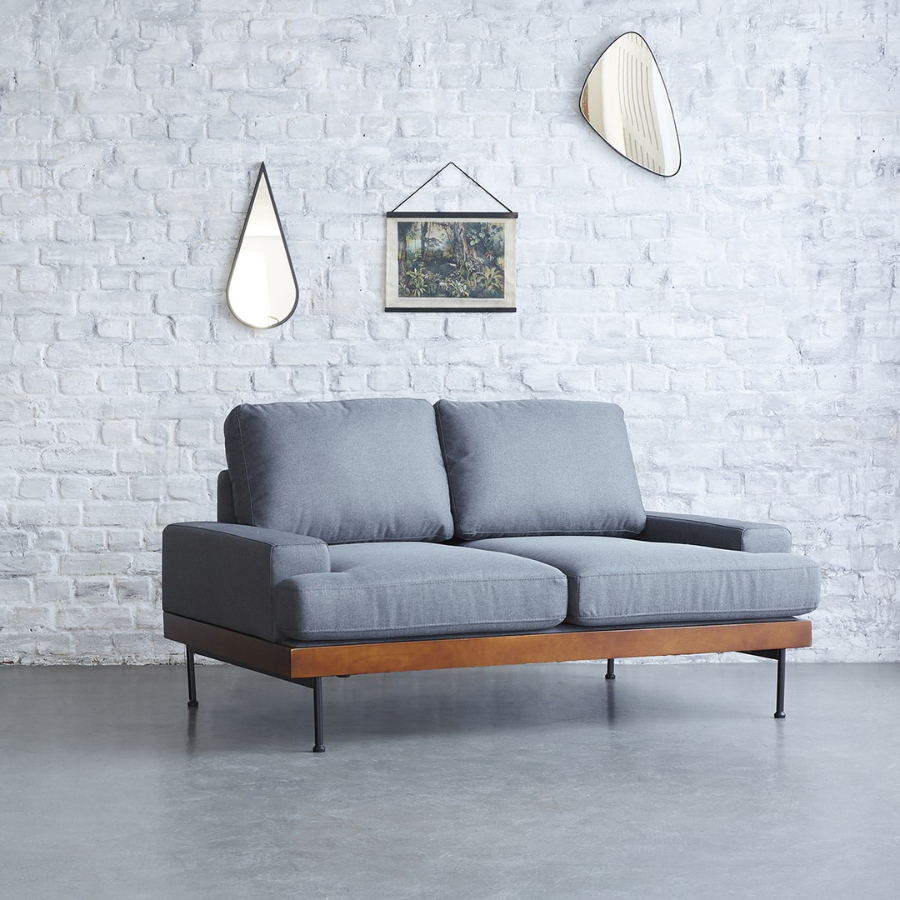 Brooklyn Two-Seater Anthracite Wooden Sofa with Walnut Finish