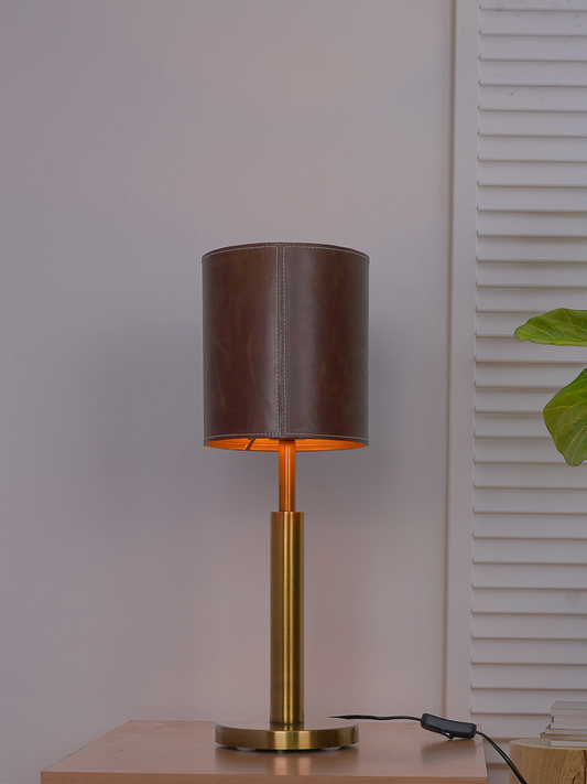 Cylindrical Brown Leather Table Lamp – Modern Stainless Steel & Leather Lighting