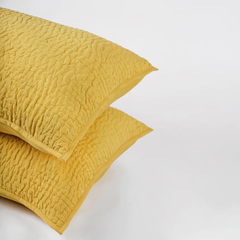 Mustard Yellow 300TC cotton satin quilted pillow covers, Kantha stripe quilting pattern, Sizes available