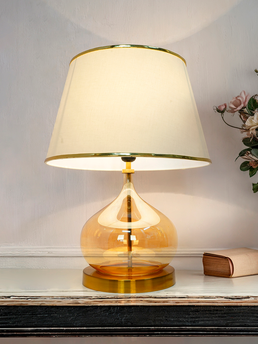 Elegant Teardrop Glass Table Lamp with Golden Luster, Off-White Shade