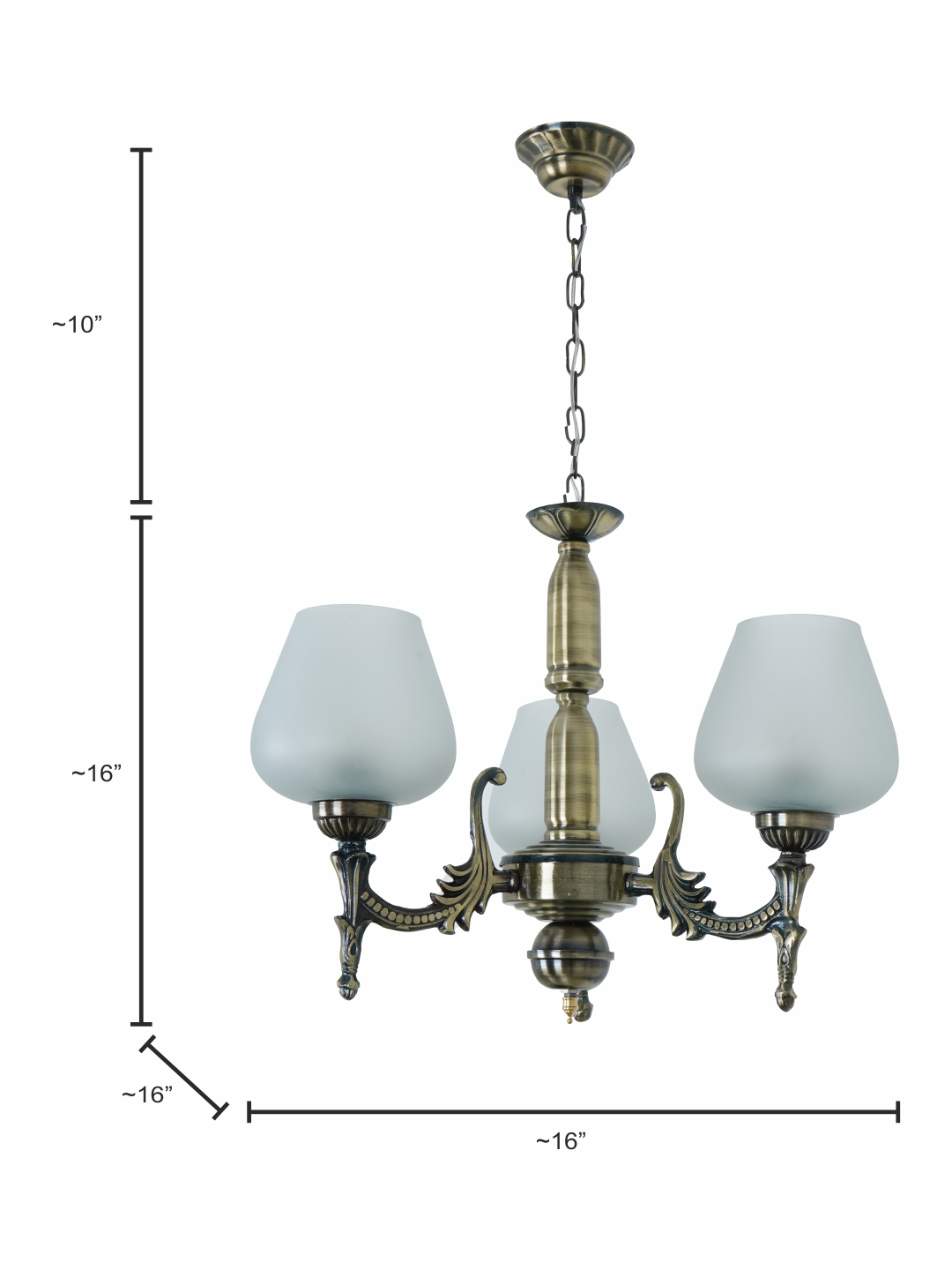Sparkling Antique Brass 3-Light Chandelier: Frosted Goblet Shades, 16-inch Wide