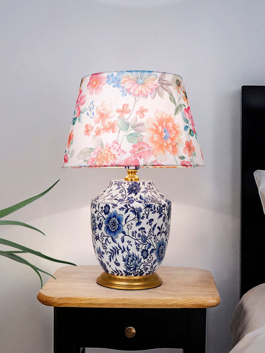 Charming Eclectic Blue Pottery Print Table Lamp with Floral Fabric Shade