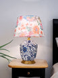 Charming Eclectic Blue Pottery Print Table Lamp with Floral Fabric Shade