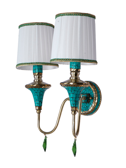 Handcrafted Tibetan Nepalese Double Funnel Wall Sconce, Green Stone, Pleated Shades