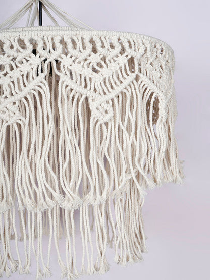 Bohemian Natural White Macrame 2-Tier Drum Pendant Light for Home Decor