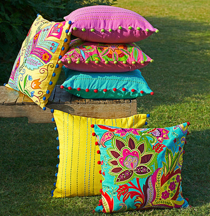 Stylized Floral Yellow Embroidered Cushion Cover for Living Room