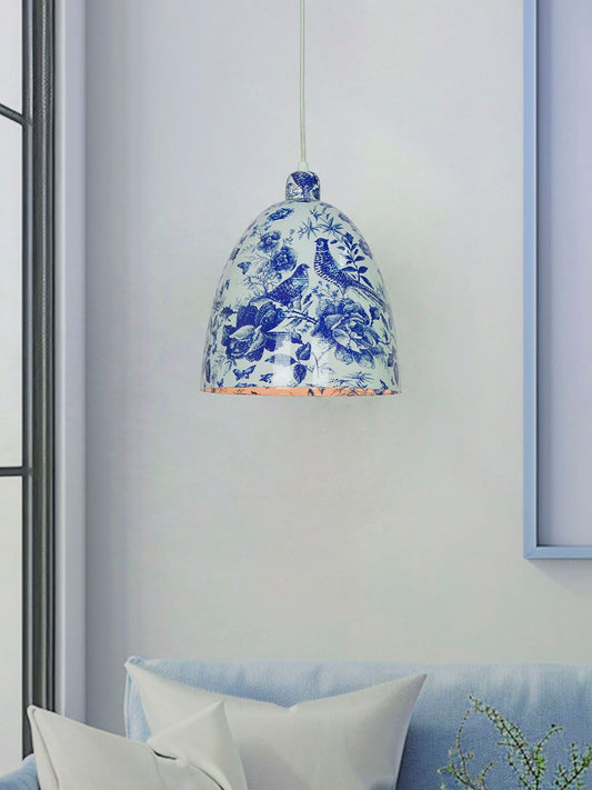 Elegant Chinoiserie Blue Pottery Bird Print Metal Bell Pendant Light for Homes
