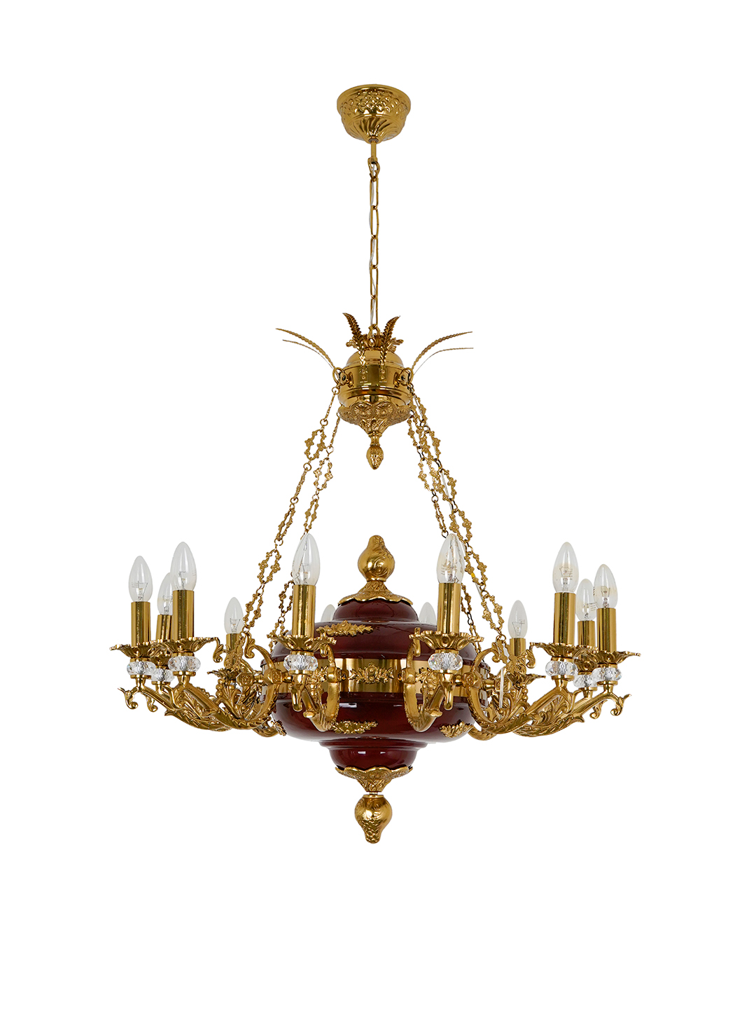 Vintage 32-Inch Candelabra Chandelier with Cast Aluminum Arms, Crystals, Maroon