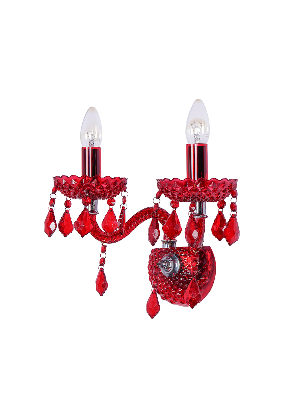 Luxurious Red Glass 2-Light Wall Sconce, S-Shaped Candelabra & Pendeloque Crystals