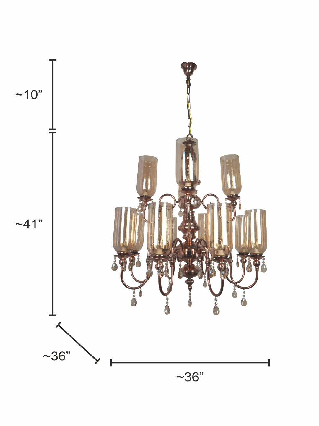 European Copper 2-Tier 12-Light Steel Chandelier with Translucent Glass Shades