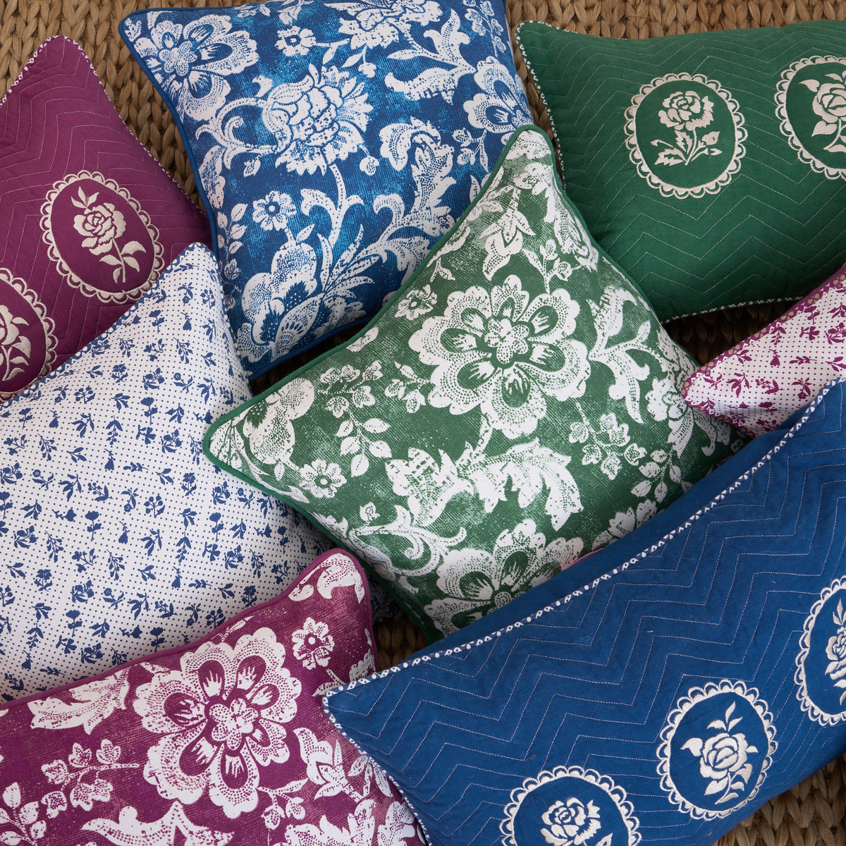 Green Dominoterie Bold Floral Print Cotton Cushion Cover | 16", 18", 20" & 24" | Zip Closure