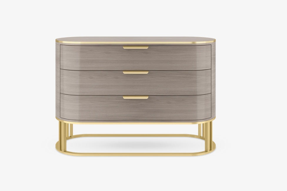Elegant New York Curved High-Gloss Veneer Chest of 3 Drawers with Brass Accents