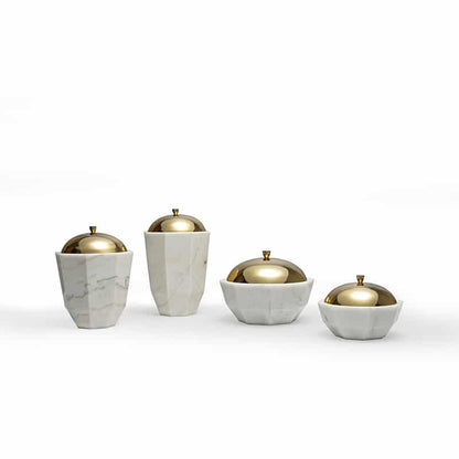Elegant White Marble Facet Collection Bowl with Brass Lid