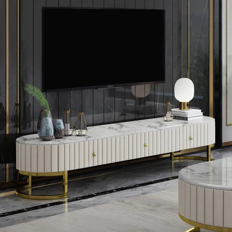 Elegant White Marble Top TV Unit with Gold Metal Base and 3 Drawers