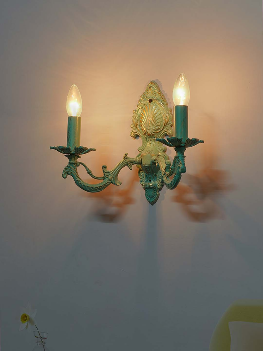 Vintage Distressed Green Cast Aluminium 2-Light Candelabra Wall Sconce