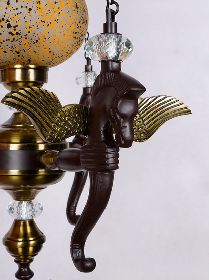 Elegant Vintage Pegasus Horse Head Pendant Chandelier with Yellow Speckled Glass