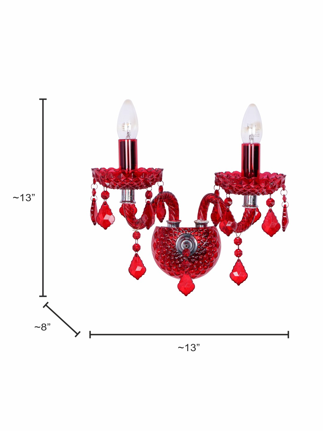 Luxurious Red Glass 2-Light Wall Sconce, S-Shaped Candelabra & Pendeloque Crystals