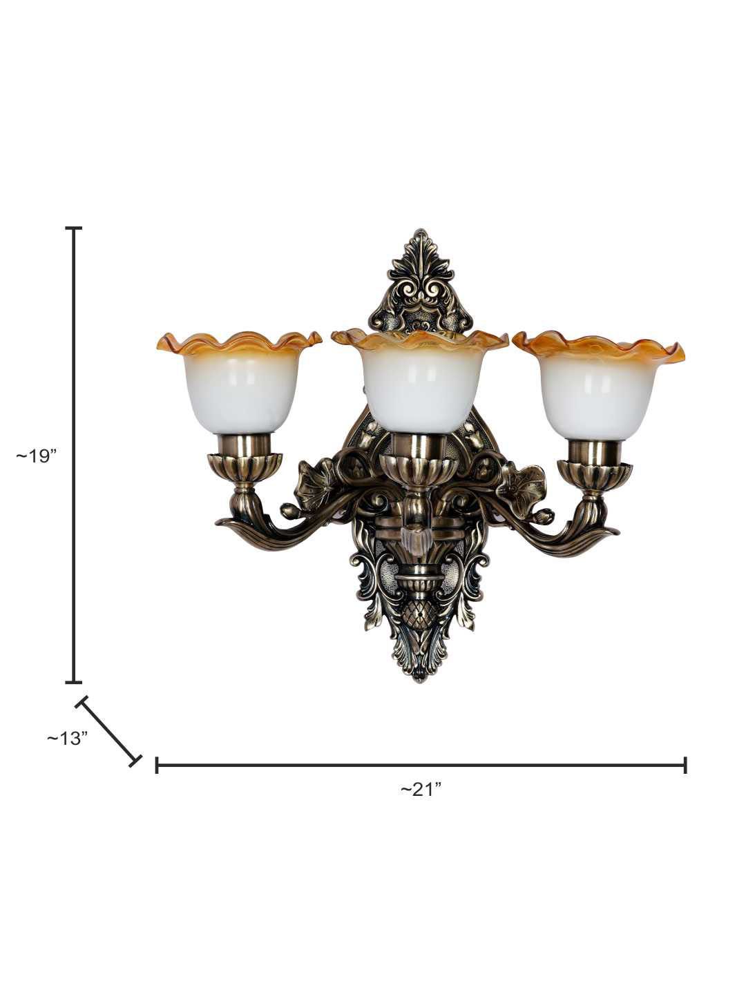Opulent Antique 3-Light Wall Sconce: Milky White Amber Frilled Glass Shades