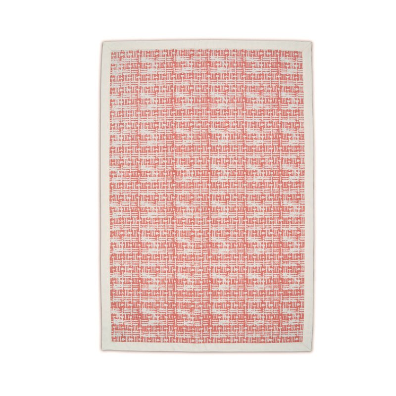Coral & Off-White Cotton Flatweave Rug | Basket Weave Print | Dhurrie | 3 Sizes