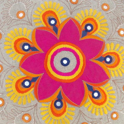 Handcrafted Bohemian Linen Pouf Cover with Multicolor Embroidery