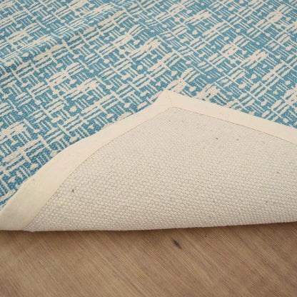 Teal Blue Texture Weave Print Cotton Rug – Handmade in India, 100% Cotton | 2 Sizes