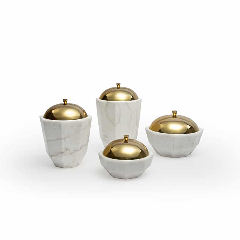 Elegant White Marble Facet Collection Bowl with Brass Lid