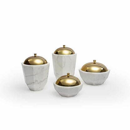 Elegant White Marble Facet Collection Bowl with Brass Lid