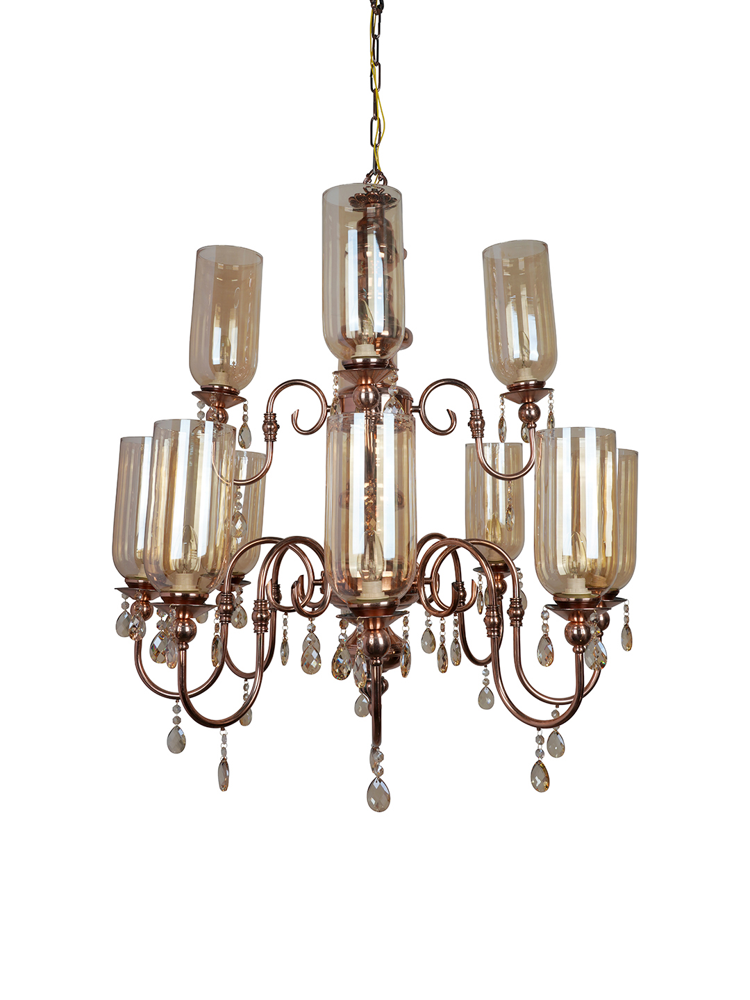 European Copper 2-Tier 12-Light Steel Chandelier with Translucent Glass Shades