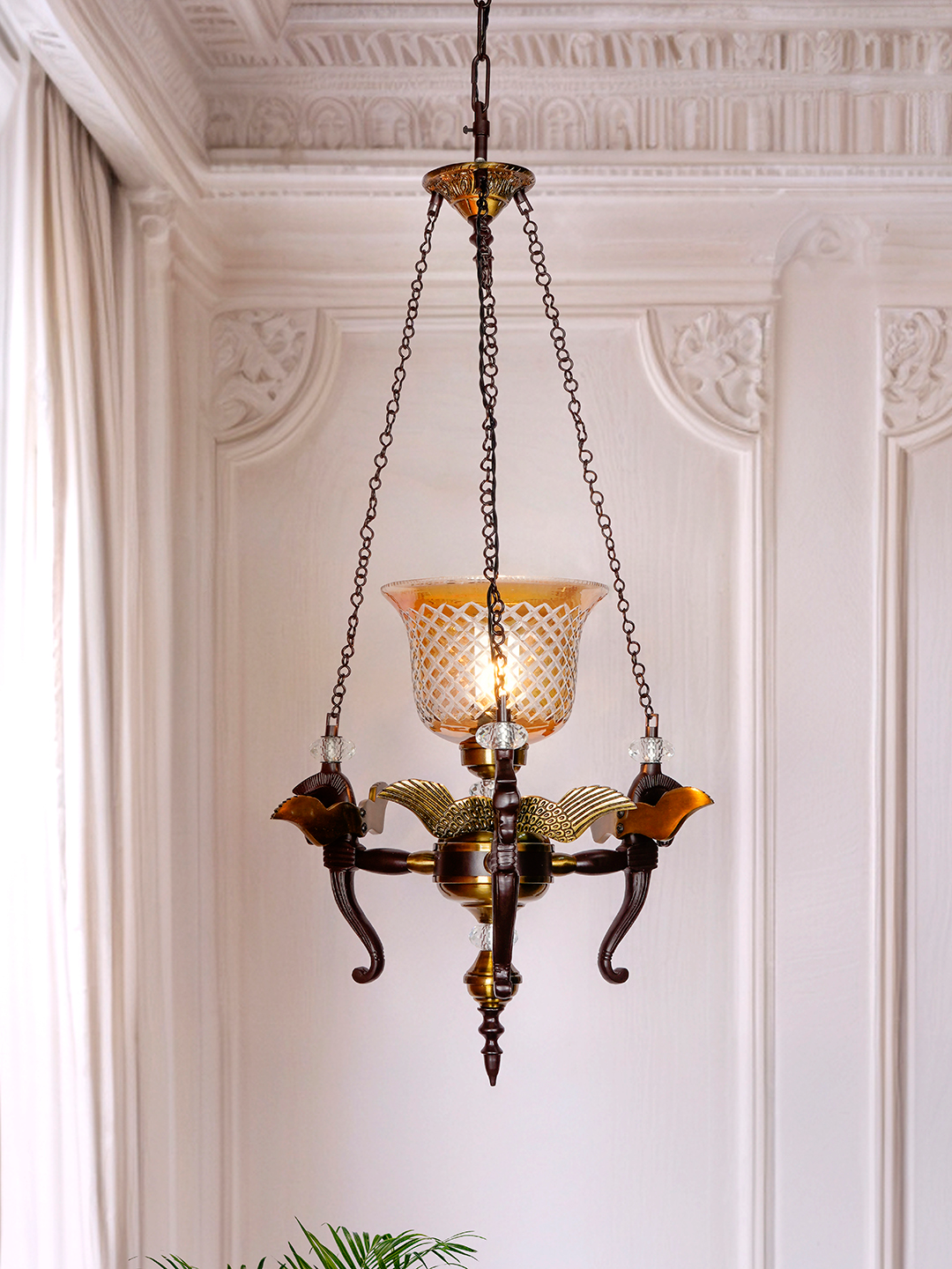 Elegant Vintage Pegasus Horse Head Pendant Chandelier with Yellow Speckled Glass
