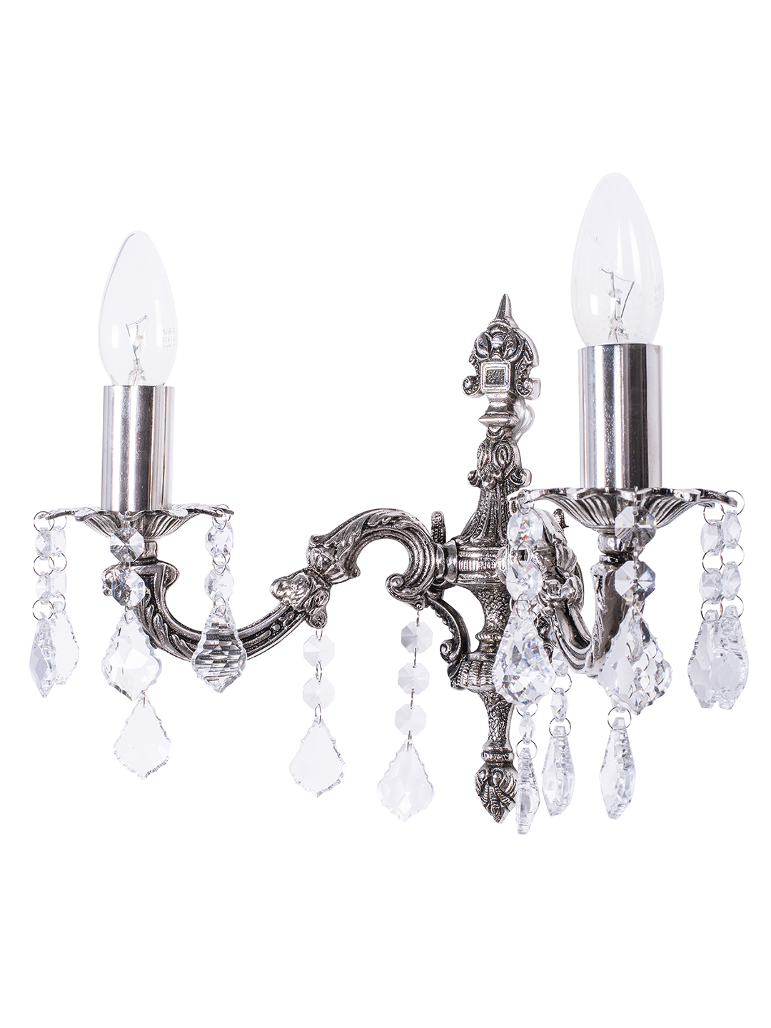 Silver Antique Crystal Brass 2-Light Wall Sconce – 33 cm