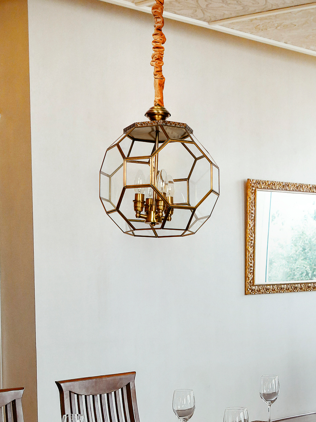 Elegant Octagonal Glass Antique Brass 4-Light Pendant Ceiling Lamp Fixture