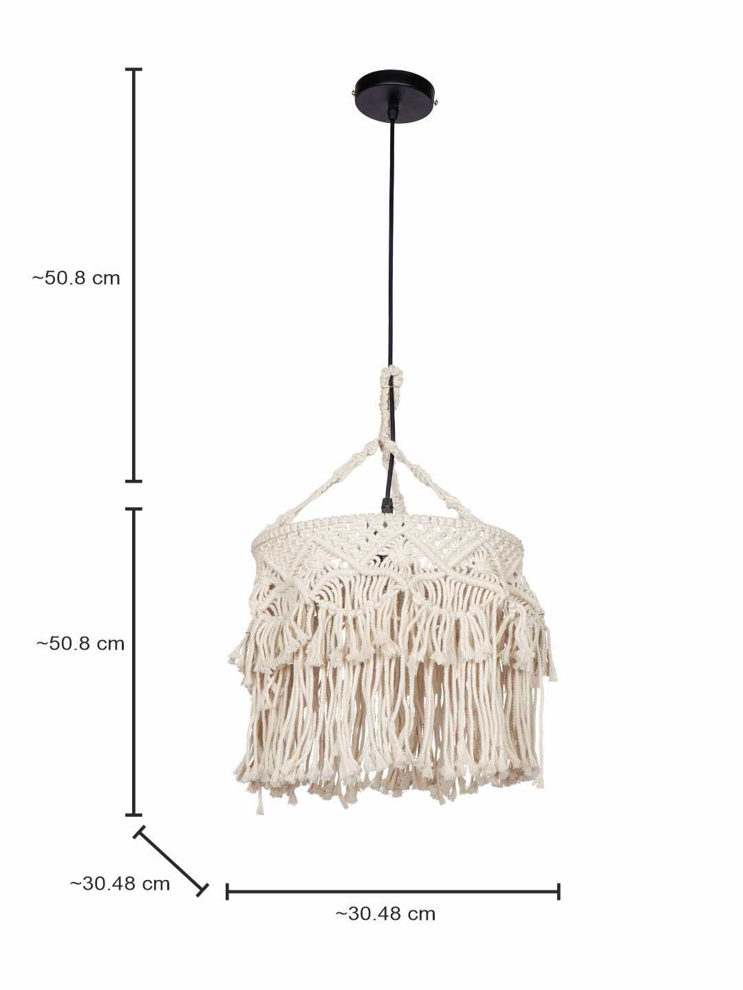 Bohemian Natural White Macrame Drum Pendant Light with Decorative Fringe
