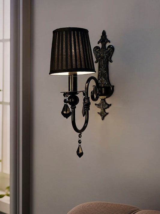 Elegant Black Crystal Wall Sconce with Pleated Fabric Shade for Modern Homes