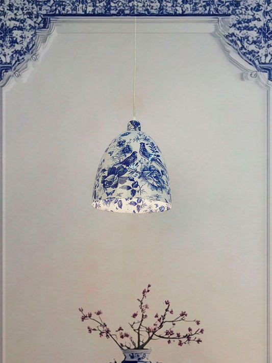 Elegant Chinoiserie Blue Pottery Bird Print Metal Bell Pendant Light for Homes