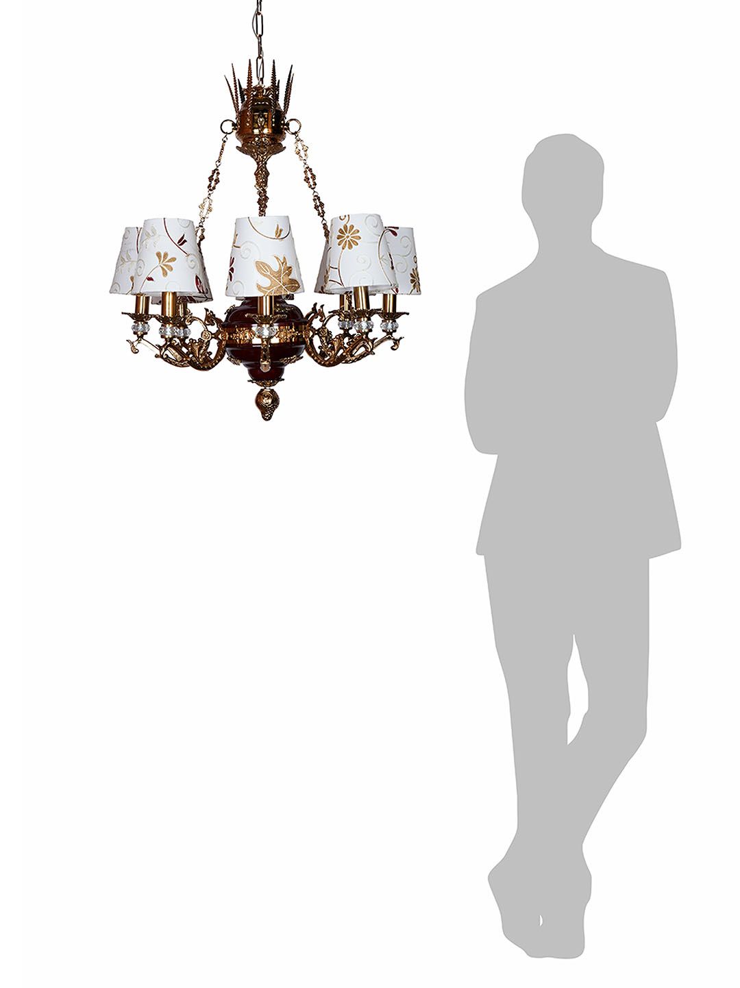 Luxury Maroon Gold 8-Light Chandelier, Kashmiri Embroidered Fabric Shades & Crystals
