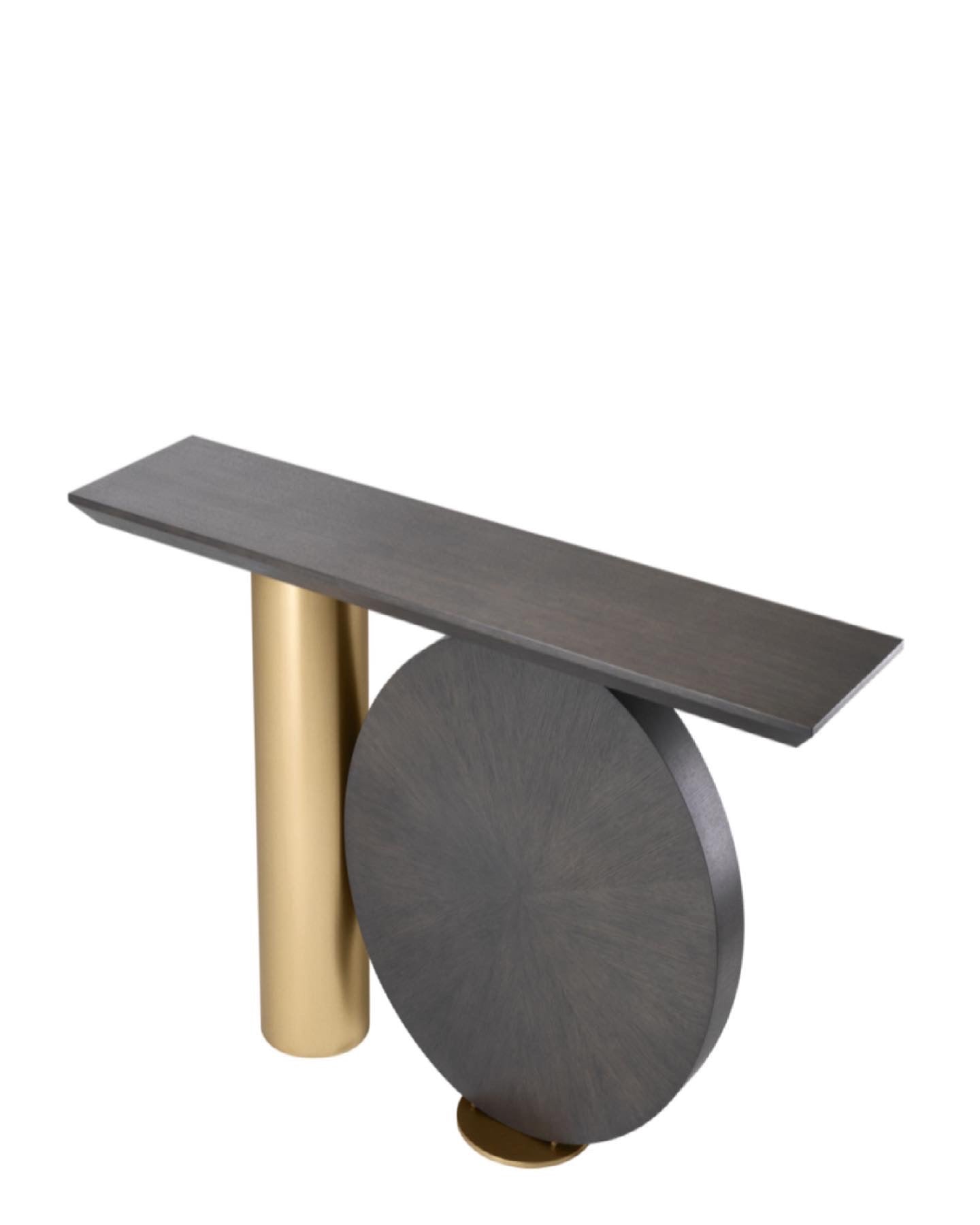 Elegant Postmodern Spring Console Table with Mocha Oak & Brass Finish