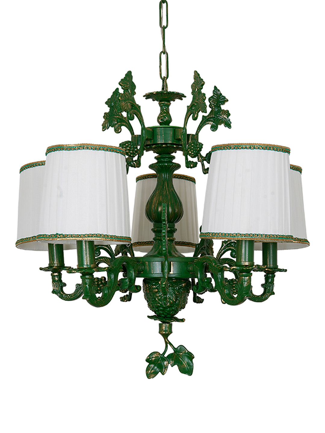 Elegant Green Grapevine Chandelier with Pleated Fabric Shades