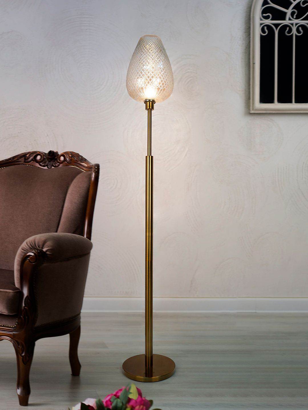 Elegant Mid-Century Golden Floor Lamp with Cut Glass Egg-Shaped Shade