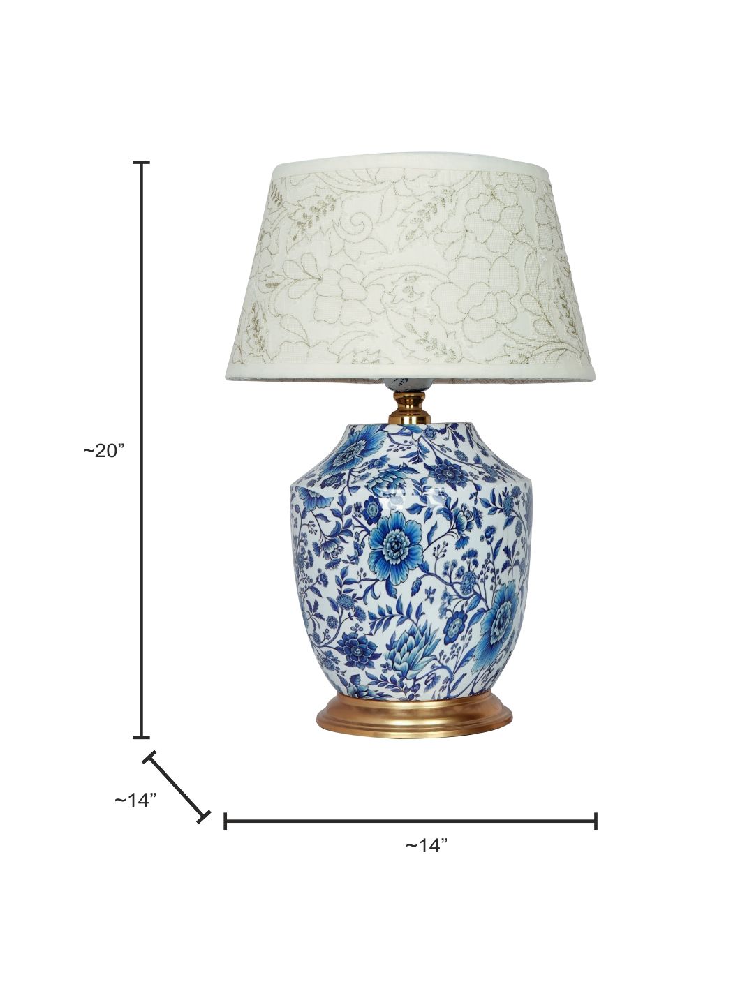 Artisanal Blue Pottery Print Table Lamp with Pastel Green Embroidered Shade