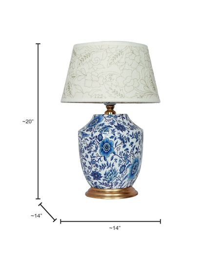 Artisanal Blue Pottery Print Table Lamp with Pastel Green Embroidered Shade