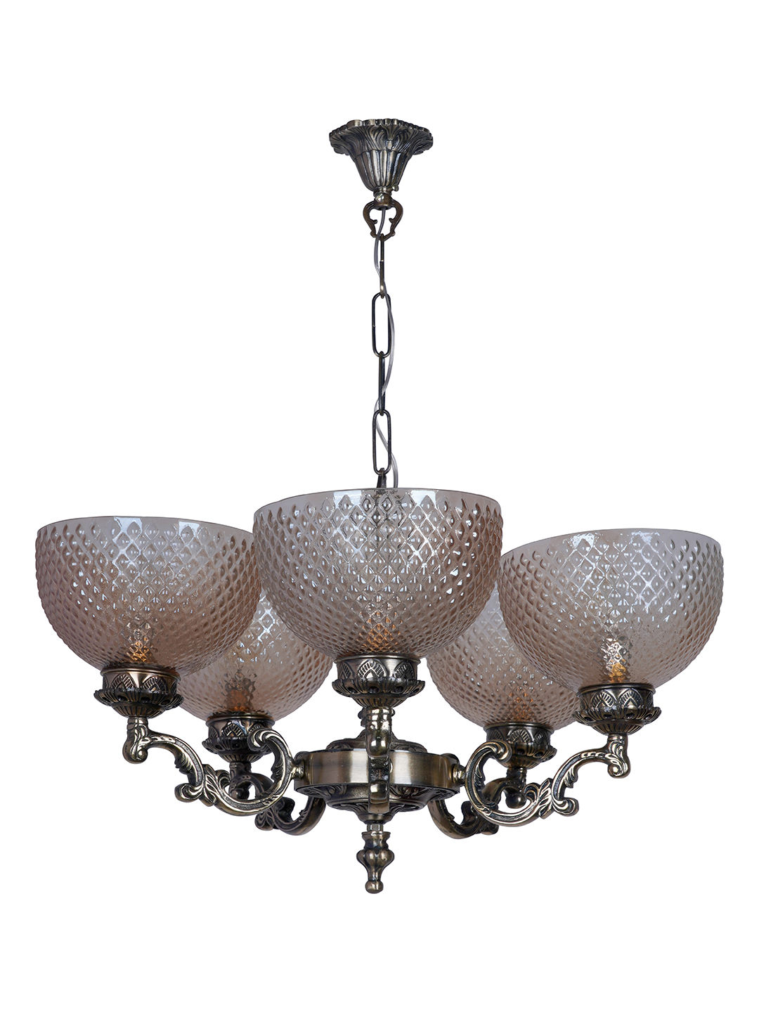 Traditional Ornate Aluminium 5-Light Chandelier with Golden Textured Glass Shades