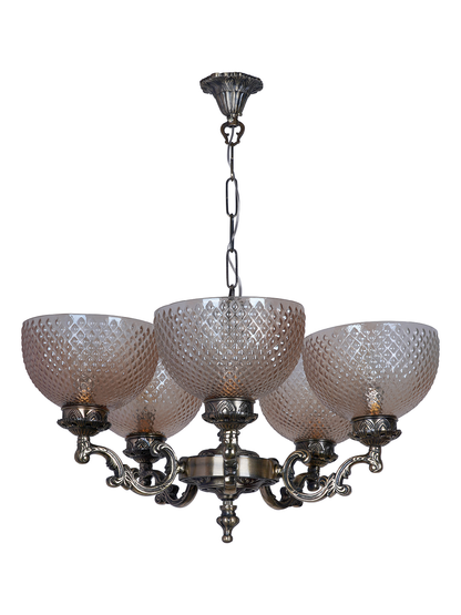 Traditional Ornate Aluminium 5-Light Chandelier with Golden Textured Glass Shades