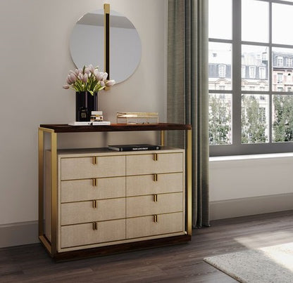 Luxurious 8-Drawer Wooden Chest, Polished Steel Handles, Faux Leather Accents