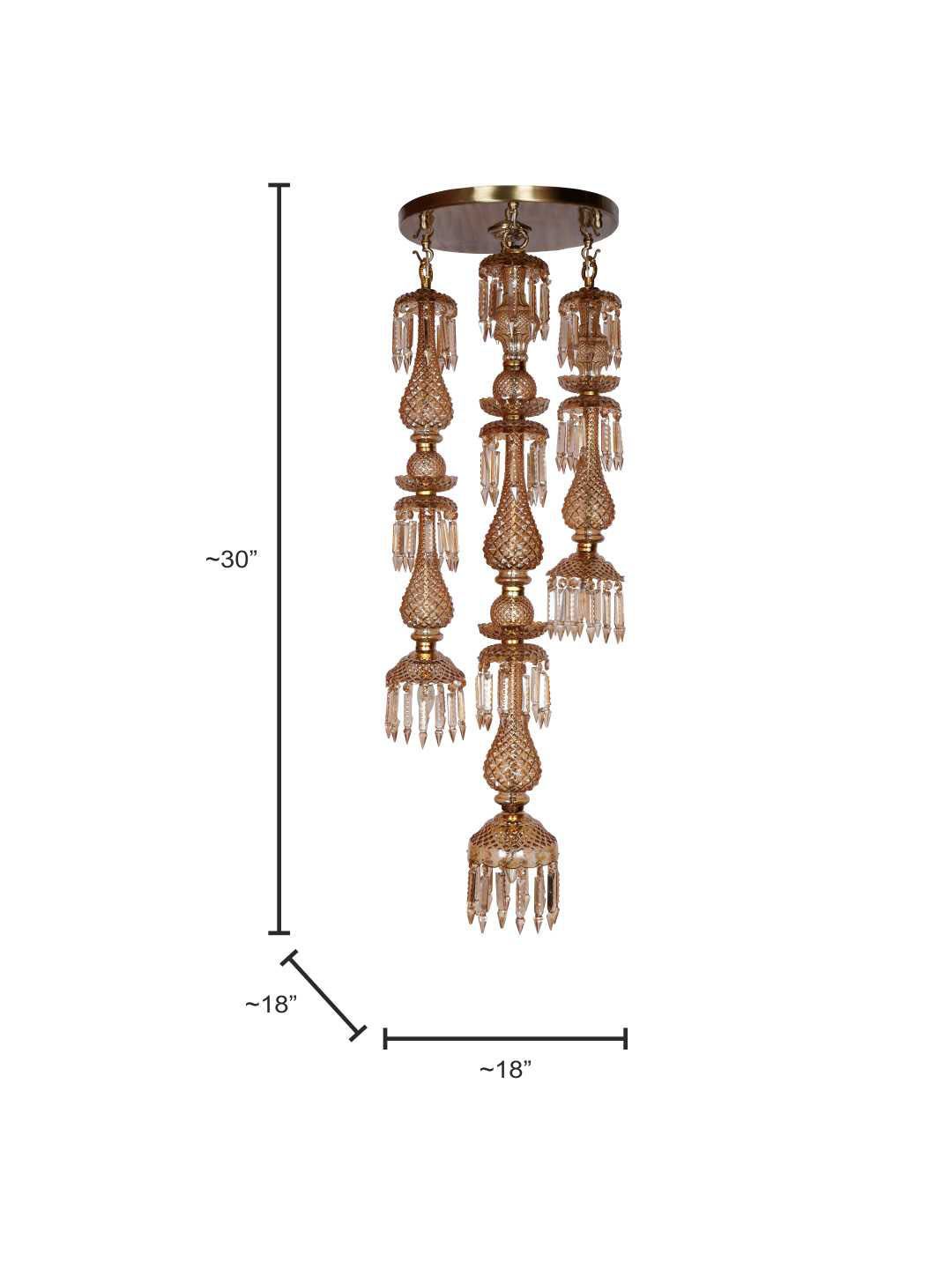 Elegant Golden Luster Glass 3-Light Cascading Crystal Multi-Pendant Chandelier