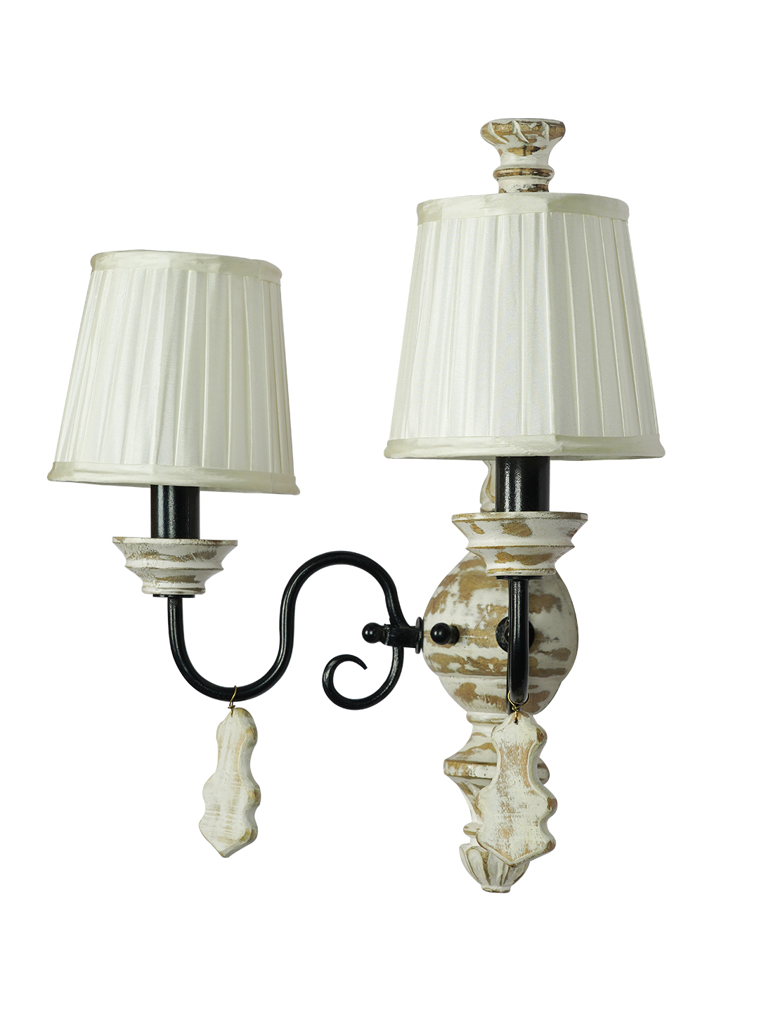 Elegant French White Distressed Wooden Rustic Double Candelabra Wall Sconce with Pleated Shades