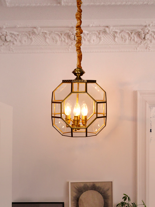 Elegant Octagonal Glass Antique Brass 4-Light Pendant Ceiling Lamp Fixture