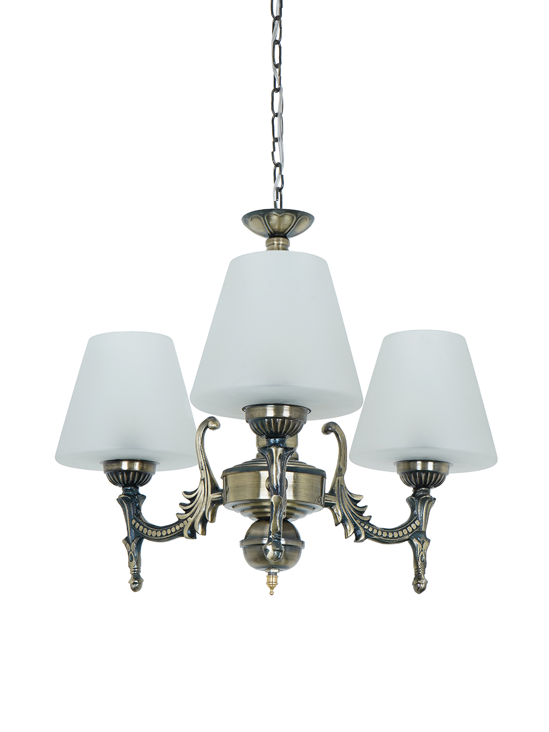 Antique Brass 3-Light Steel Chandelier with Frosted Tapered Glass Shades