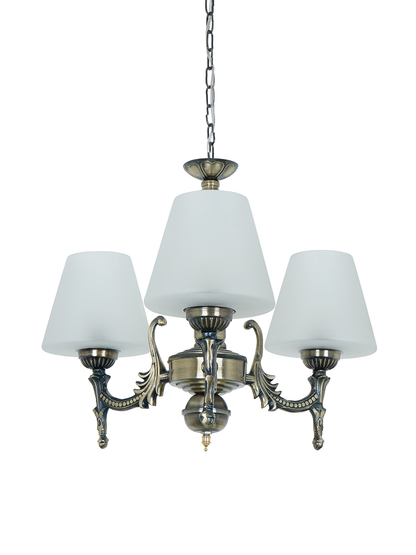 Antique Brass 3-Light Steel Chandelier with Frosted Tapered Glass Shades